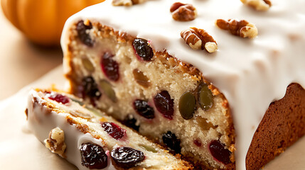 Delight in the artistry of this festive cake. The white icing is adorned with nuts, adding texture and flavor to every slice. Enjoy a slice of this cake with your family.