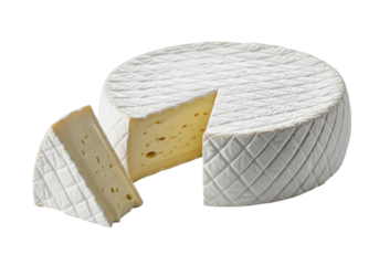 Creamy brie cheese wheel with cut slice ideal for gourmet appetizers and snacking, isolated on a transparent PNG background.