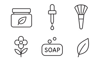 Set of six black line icons representing natural beauty products and organic skincare, including a cream jar, dropper, makeup brush, flower, soap bar, and a leaf symbol
