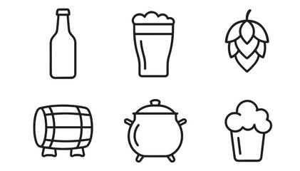Black and white vector icon collection featuring beer brewing and pub elements like a bottle, pint glass, hop cone, wooden barrel, cooking pot, and a sweet cupcake illustration