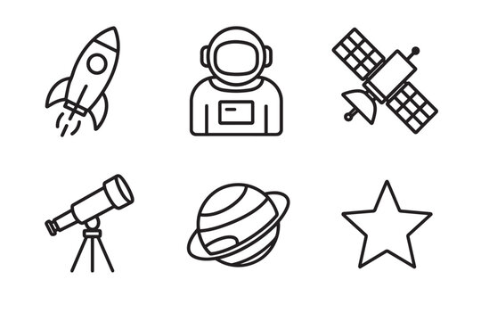Set of six black line space icons featuring a rocket, astronaut, satellite, telescope, planet, and star in a minimalist vector style illustration for science and exploration themes