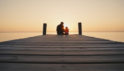 Father and his young child sitting together on a wooden dock watch a beautiful golden sunset over a calm lake, creating a peaceful and serene family moment