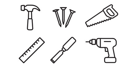 Set of black line art icons featuring carpentry tools including a hammer, nails, saw, ruler, chisel, and power drill for DIY and construction projects, presented in a minimalist style