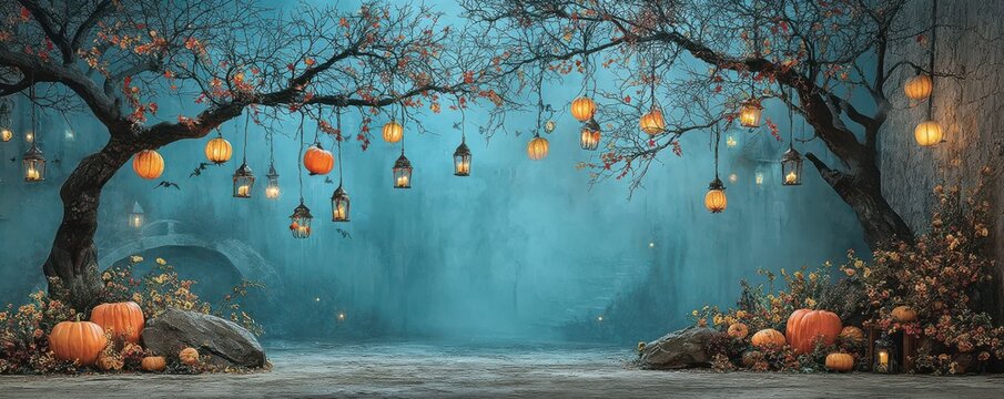 Spooky Halloween forest backdrop with pumpkins, hanging lanterns, and blue mist for eerie scenes