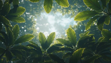 Lush green tropical leaves with glowing edges frame a bright, hazy light in a dense jungle, viewed from below creating a serene and natural canopy