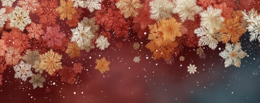 Colorful 3D floral ornaments on red background with snowflakes for festive winter decor - Powered by Adobe