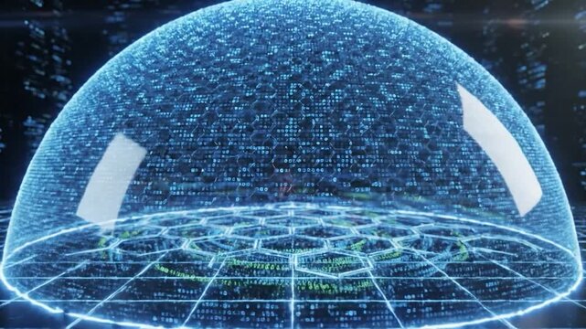 Abstract digital network with hexagonal grid and binary code flow