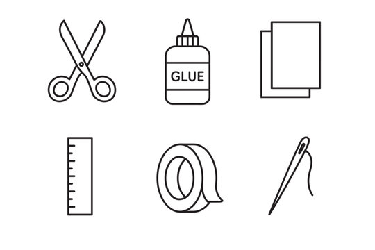 Set of six black line art icons representing craft supplies including scissors, glue, paper, a ruler, tape, and a needle with thread, presented in a clean, minimalist style