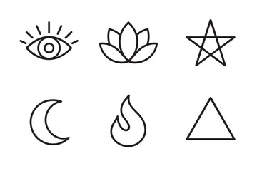 Fototapeta premium Set of six spiritual symbols including an eye, lotus, pentagram, moon, flame, and triangle in a minimalist black line art style for esoteric and mystic concepts