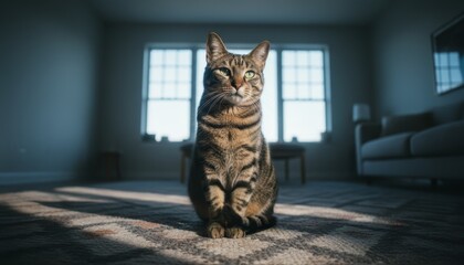 Brown tabby domestic shorthair cat with beautiful green eyes sits majestically on a carpet, looking forward with a calm expression in a room filled with soft, natural window light