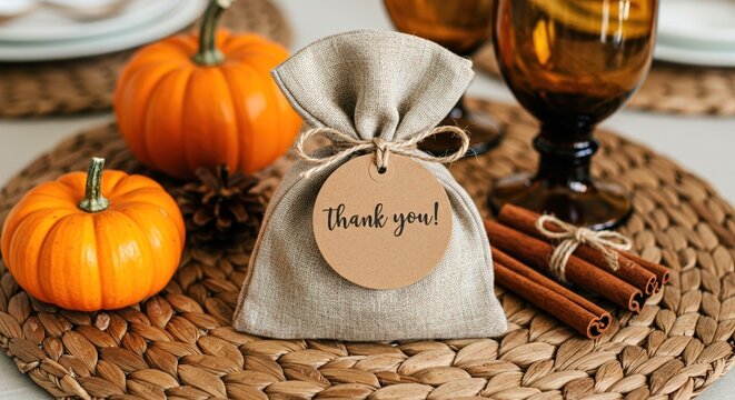 Canvas or burlap gift bag with thank you tag. Thanksgiving day souvenir, present with gratitude, table setting for celebration