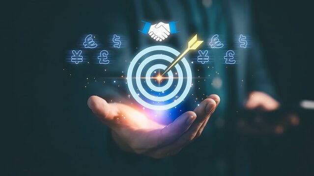 Businessman holding digital target with arrow, currency symbols, and handshake icon, representing financial goal achievement, online business, investment success and global business strategy. Handshak