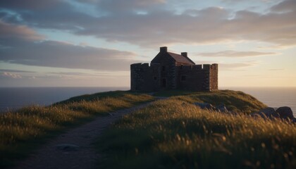 Fototapeta premium Ancient stone fortress with battlements stands majestically on a grassy coastal hill, illuminated by the warm golden light of a serene and beautiful sunset
