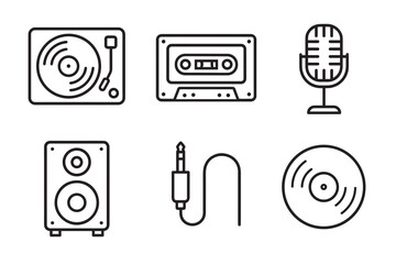 Six black outline icons of vintage audio equipment including a record player, cassette tape, studio microphone, sound speaker, cable jack, and vinyl disc in a clean vector illustration