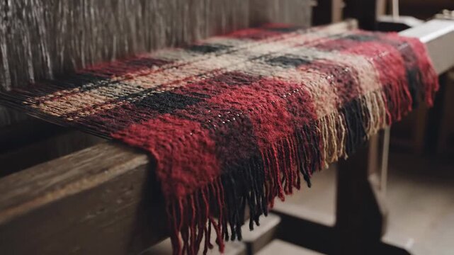 Traditional loom weaving plaid blanket textile craft close up