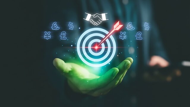 Businessman holding digital target with arrow, currency symbols, and handshake icon, representing financial goal achievement, online business, investment success and global business strategy. Handshak