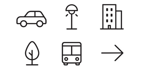 Set of black line art icons representing urban life and transportation, including a car, bus, building, tree, street lamp, and a directional arrow in a minimalist, modern style