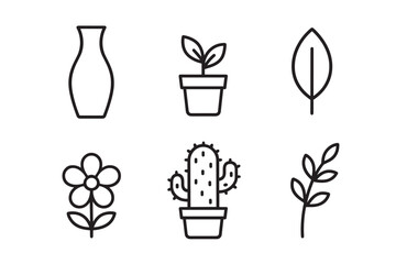 Set of six minimalist plant icons including a vase, potted cactus, flower, leaf, and sprout in a simple black line art style for graphic design or web elements
