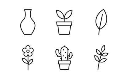 Set of six minimalist plant and nature icons including a vase, sprout, leaf, flower, cactus, and branch, rendered in a simple black line art style for graphic design