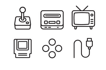 Retro video game icon set featuring a classic console, joystick, cartridge, television, buttons, and cable, illustrated with simple black outlines for a vintage aesthetic