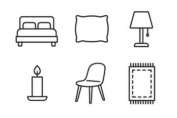 Set of six minimalist line icons for bedroom furniture and home decor, including a bed, pillow, lamp, candle, chair, and rug, presented as a simple graphic collection