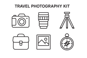 Black line icons for a travel photography kit featuring a camera, lens, tripod, bag, picture, and compass in a simple minimalist outline vector style