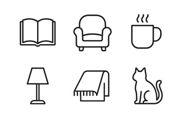Set of six black line icons representing cozy home comfort with a book, armchair, hot drink, lamp, blanket, and cat for a hygge lifestyle concept