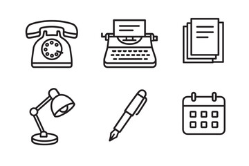 Set of six black line icons showing vintage office equipment including a rotary telephone, typewriter, documents, desk lamp, fountain pen, and calendar for business concepts