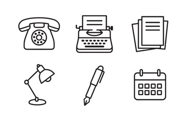 Set of six black line icons representing vintage office equipment including a rotary phone, typewriter, documents, desk lamp, fountain pen, and a calendar in a minimalist style