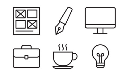 Set of six black line icons for business and creative work including a wireframe, pen, monitor, briefcase, coffee cup, and lightbulb, representing design and office concepts