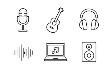 Collection of music and sound icons featuring a microphone, acoustic guitar, headphones, equalizer, laptop, and speaker, presented in a clean, modern line art design