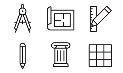 Set of six black architecture icons including a compass, blueprint, pencil, ruler, column, and grid, representing design and engineering concepts in a minimalist line art style