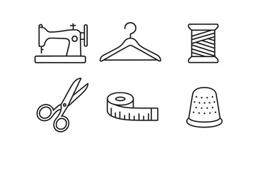 Set of six black line icons for sewing and tailoring including a machine, hanger, thread, scissors, tape measure, and thimble in a minimalist graphic style