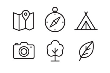 Set of six travel and camping icons including a map, compass, tent, camera, tree, and leaf in a minimalist black line art style for outdoor adventure concepts