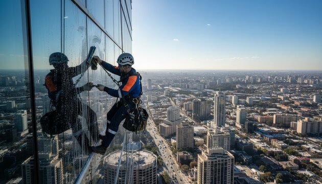Professional male window washer in a helmet and safety harness cleans the glass facade of a modern skyscraper high above a sprawling cityscape on a sunny day