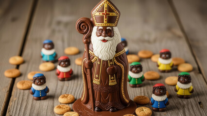 Saint Nicholas chocolate figure with black pete candy on wooden table