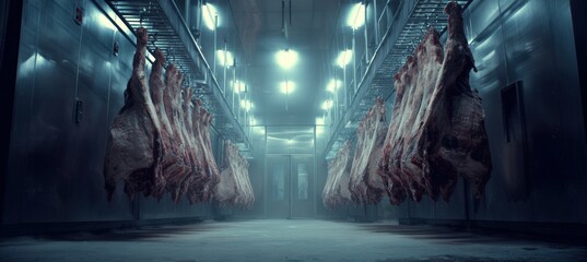 Symmetrical View of Meat Hanging in Industrial Processing Room