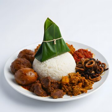 portrait of nasi jamblang on white background, clean and sharp.