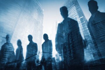 Silhouettes of Professionals with Skyscraper Overlay in Modern Financial District