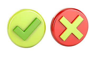 Fototapeta premium Vibrant 3D rendered green checkmark and distinct red cross symbols, effectively communicating confirmation, rejection, correctness, and error for modern interface design and user feedback systems