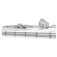 Rural Landscape with Country House. Countryside Hand Drawn⁠
