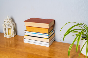 Pile of books on a cabinet neatly stacked on top of each other with a lantern candle holder and a spider plant, reading or library based activity concept