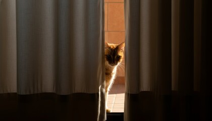 Curious ginger tabby cat peeking out from behind dark curtains in a home, illuminated by warm morning sunlight creating a dramatic and mysterious mood