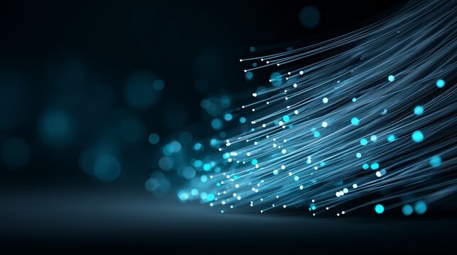Glowing fiber optic strands with blue lights on dark background - Powered by Adobe