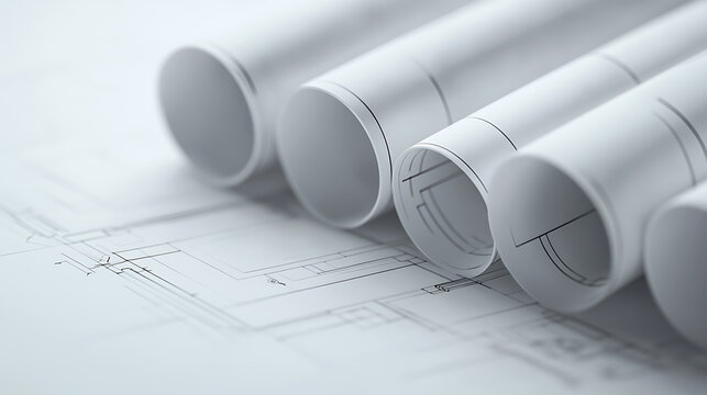Monochromatic shot displays rolled-up architectural plans. Lines and curves define designs, presenting a sleek visual of planning and blueprints for structures.