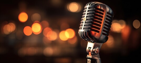 Retro Microphone with Dramatic Orange Stage Lights in Background