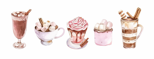 Watercolor winter hot drinks - illustrations for posters, banners, backgrounds or greeting cards. Holiday decor.