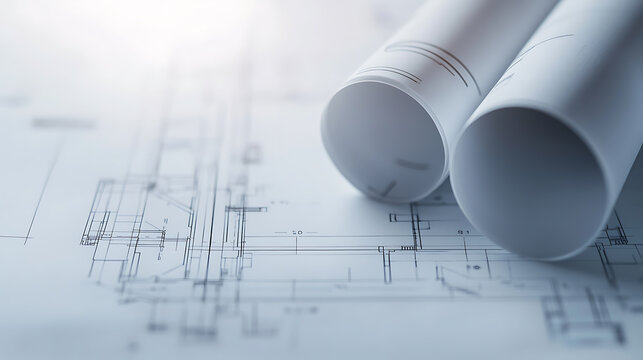 Floor plan blueprints with rolled-up architectural drawings. Precision in design is visually represented in a close-up. Meticulous construction planning on display.