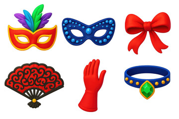 Set of six different masks and accessories, including a red ribbon