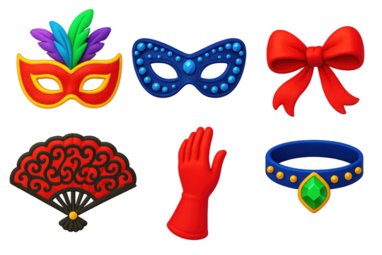 Set of six different masks and accessories, including a red ribbon